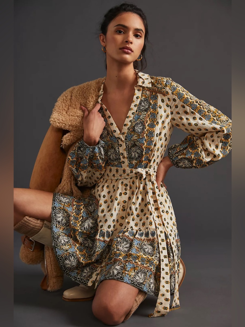 Anthropologie Cottagecore Floral Tile Paisley Belted Mini Shirt Dress Pockets XL